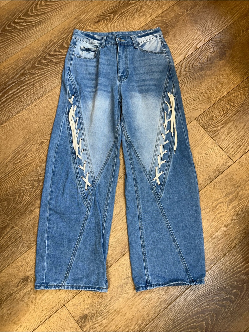 Wide Leg Lace Up Panel Denim Jeans Light Wash sz M